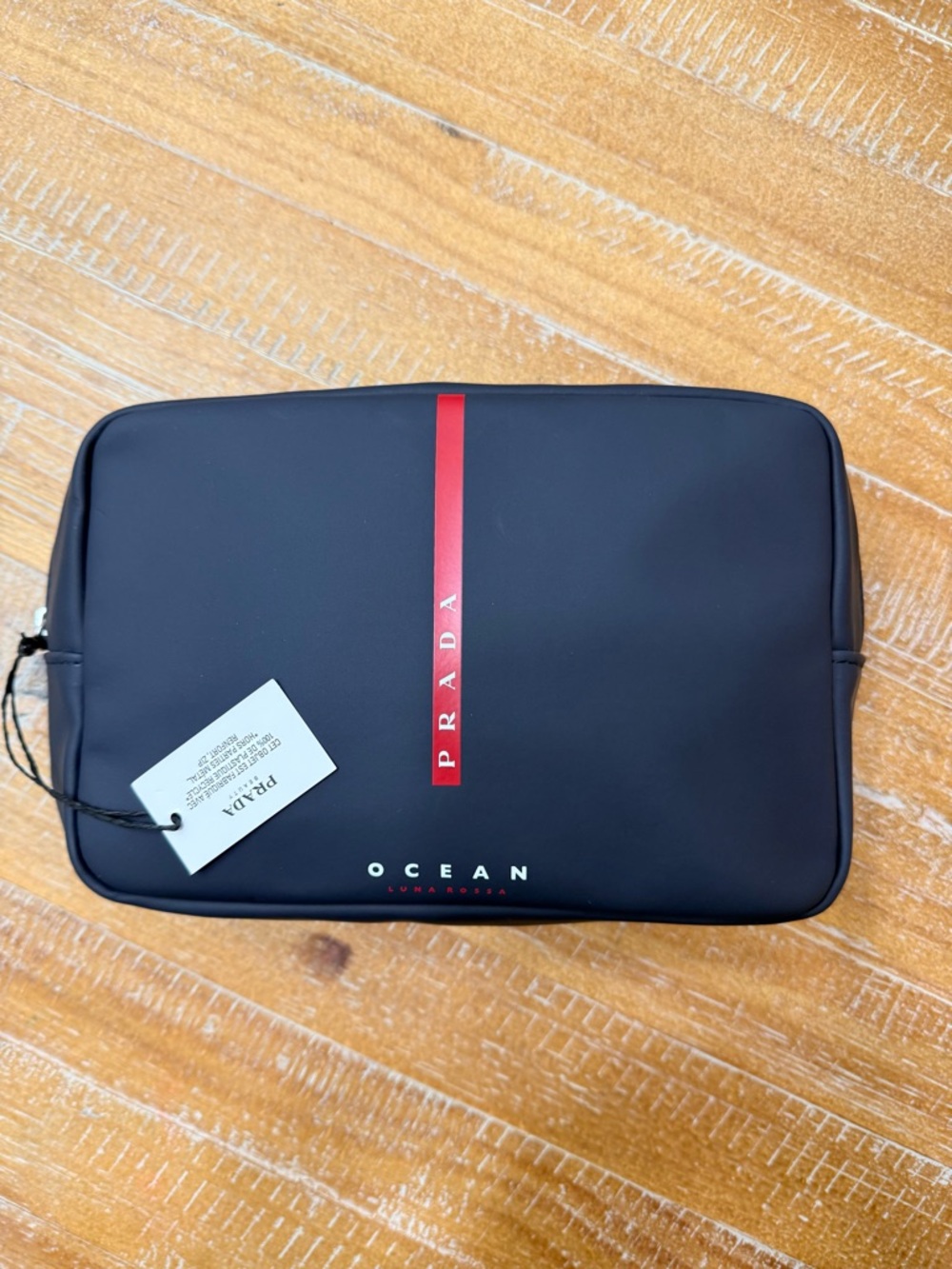 Prada Navy Toiletry Pouch with Red Stripe